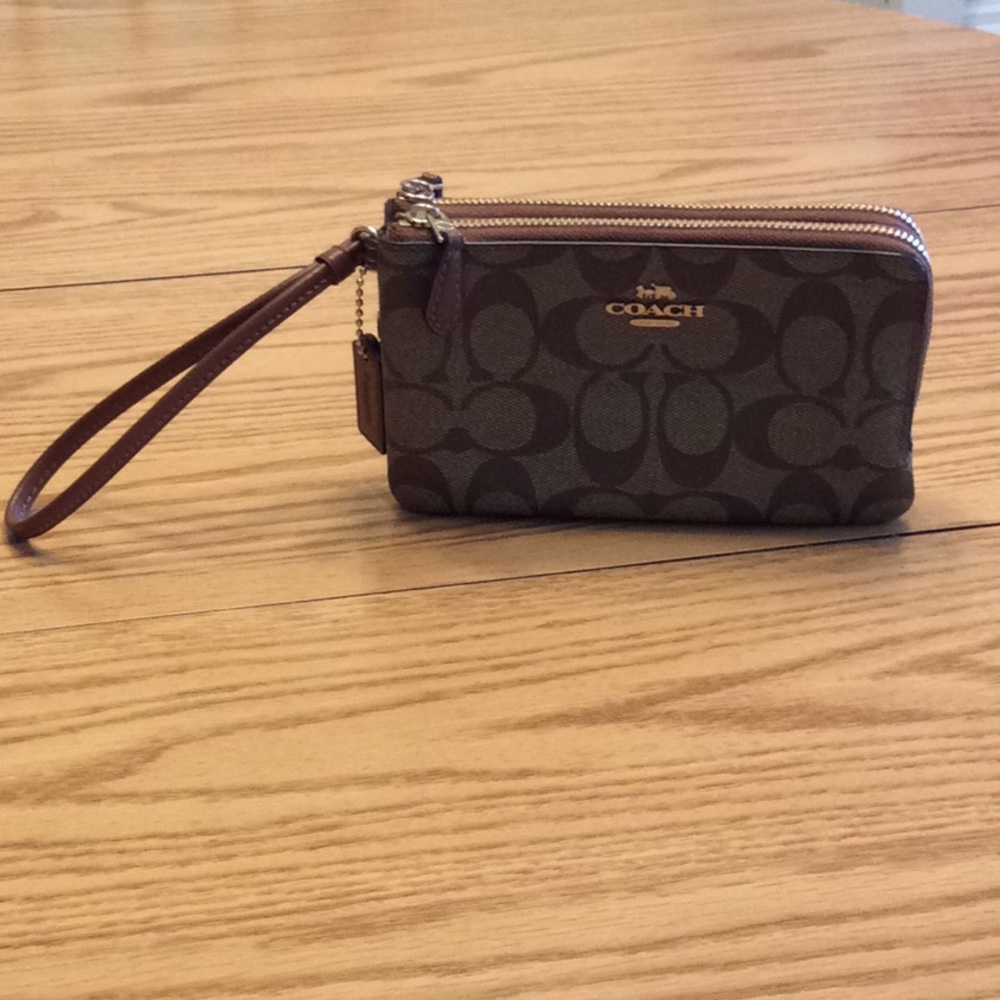 Coach brown double zipper wristlet